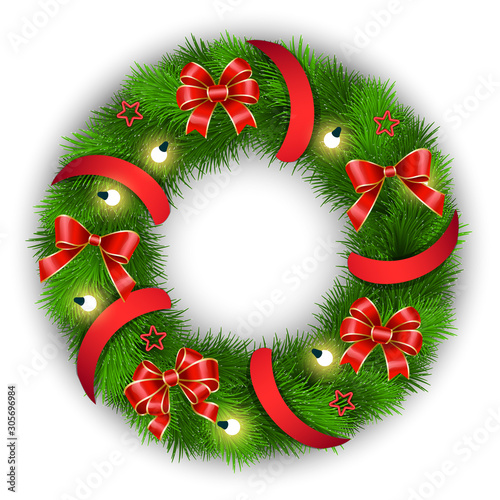 Christmas wreath traditional xmas decoration. Isolated composition made of pine tree branches and cones, garlands and ribbon bows with stripes. Spruce shaped in circle form. Winter season decor vector