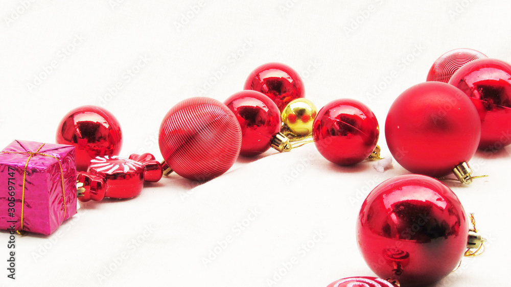 Balls and Christmas ornaments on white background and space for writing. Balls and Christmas ornaments on white background and space for writing.