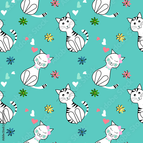 Seamless cute cats pattern with small flowers and hearts © LilaloveDesign