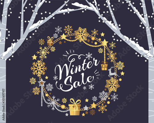 Winter sale for shoppers  promotional poster. Discounts in shops and clearance in store. Wreath made of snowflakes and presents in boxes having ribbon bow decor. Trees with garlands vector in flat