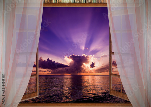 open window with sea sunset view