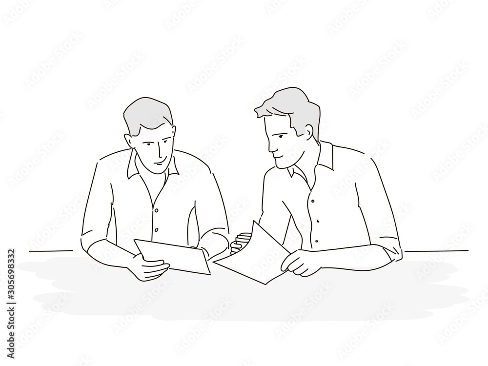 Sketch of business people. Businessmen using notebook. Office workers. Hand drawn vector illustration. Sketch of business people. Businessmen using notebook. Office workers. Hand drawn vector illustration.