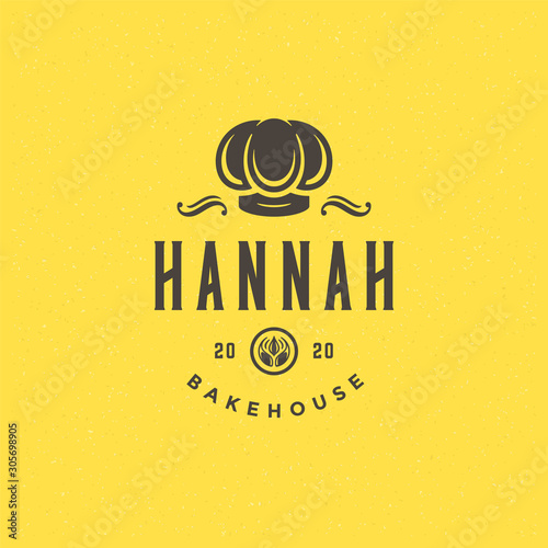 Bakery badge or label retro vector illustration baker or chef hat silhouette for bakehouse.