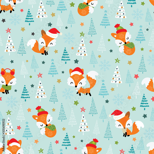 Christmas seamless pattern with cute little foxes wearing santa hat, blanket and scarf in spruce forest. Xmas Vector design for winter holidays. Happy New Year background. Child drawing style.