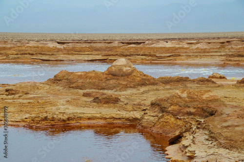 Extraterrestrial landscape. Bizarre land formations. Petroleum lake with geysers near volcano Dallol. Hottest place on Earth. Ethiopia, Danakil Depression (Afar Triangle or Afar Depression)
