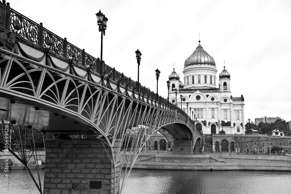 Cathedral of Christ the Savior, Moscow river and Patriarchal bridge/ Russia. Black and white photography