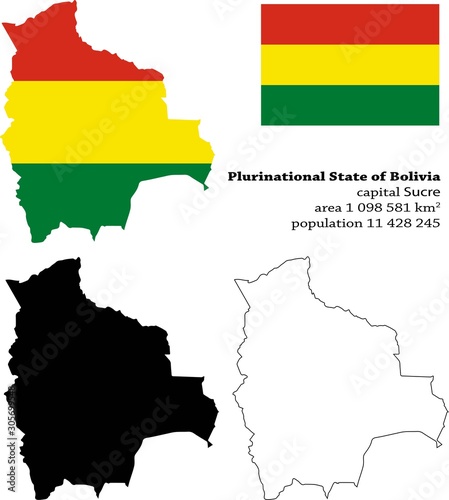 Bolivia vector map  flag  borders  mask   capital  area and population infographic
