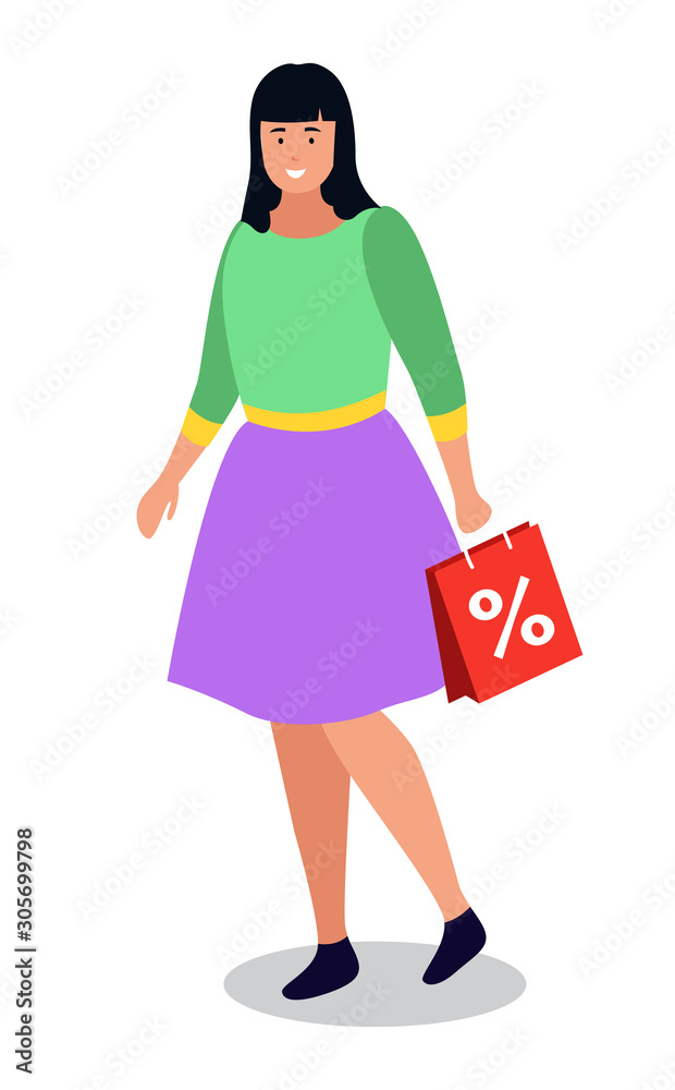 Shopping woman, isolated character with purchases. Female personage happy of sale and discounts in shop. Lady with paper bag and percent. Offers and propositions in shop and market vector in flat