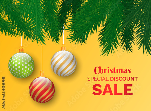 Christmas sale vector, promotional poster with proposition for clients of shops. Shopping for winter holidays promo banner with spruce branches pine tree. Baubles decor for fir and text sample