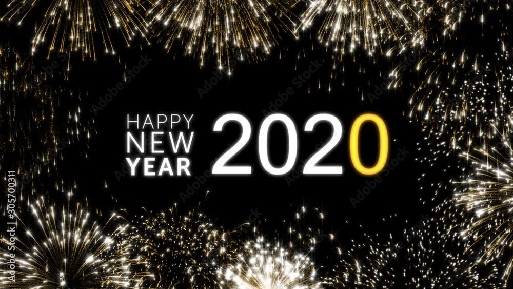 Happy new year 2020 social post card with gold animated fireworks on elegant black background.Celebration animation for festive event.New year wishes.Congratulate new year.Loop animation