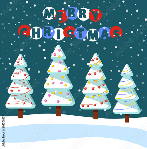 Merry christmas, greeting card with winter landscape at night. Cold season with pine trees covered with snow. Snowy hills and snowfall weather outdoors. Spruce with garlands and baubles vector © robu_s