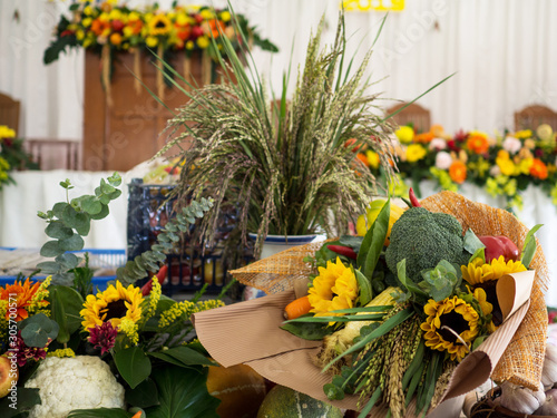 Happy Thanksgiving Day! many Vegetables, fruits and flowers are Decorated at the church
