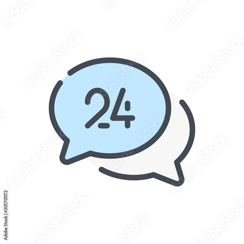 24/7 online support color line icon. Chat bubbles with assistant help message vector outline colorful sign.