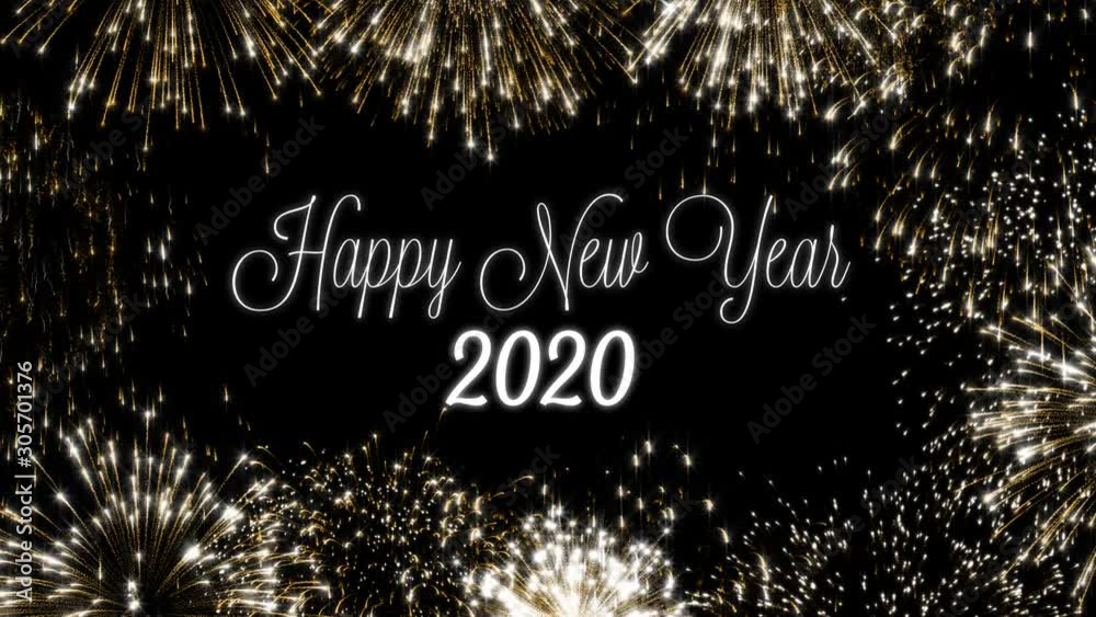 Looping happy new year 2020 social post card with gold animated fireworks on elegant black background.Loop Celebration english language concept. Loopable animation for festive holiday event