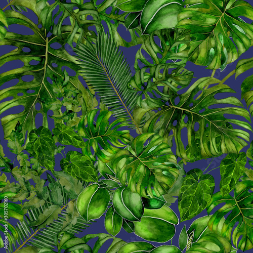 Watercolor seamless pattern with tropical leaves and flowers. Beautiful allover print with hand drawn exotic plants. Summer nature jungle print. Can be used for any kind of a surface design.