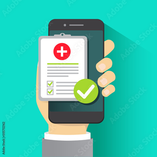 Online medical prescription, digital medicine test results with approved check mark form, vector illustration