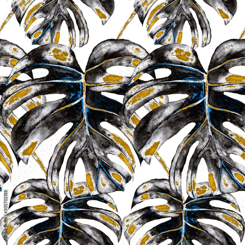 Watercolor seamless pattern with tropical leaves and flowers. Beautiful allover print with hand drawn exotic plants. Summer nature jungle print. Can be used for any kind of a surface design.