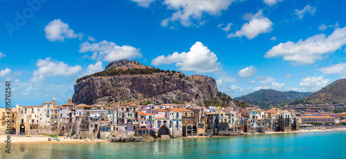 Sandy beach in Cefalu in Sicily photo