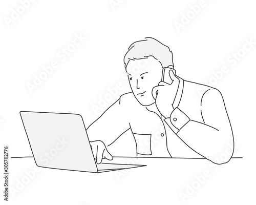 Sketch of businessman with laptop and talking on his phone. Line drawing vector illustration.