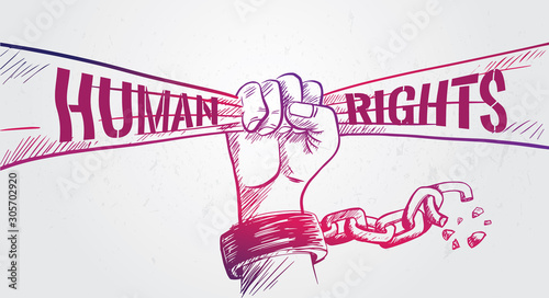 Sketched Hand fist raise up holding ribbon and breaking chain, International  Human Rights Day poster grunge texture, vector Illustration