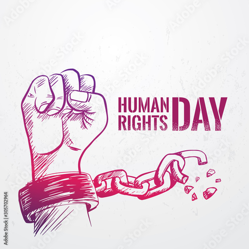 Sketched Hand fist raise up with breaking chain,International  Human Rights Day poster grunge texture, vector Illustration