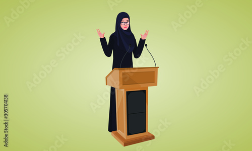  Arabic Muslim Woman with Podium giving speech Vector