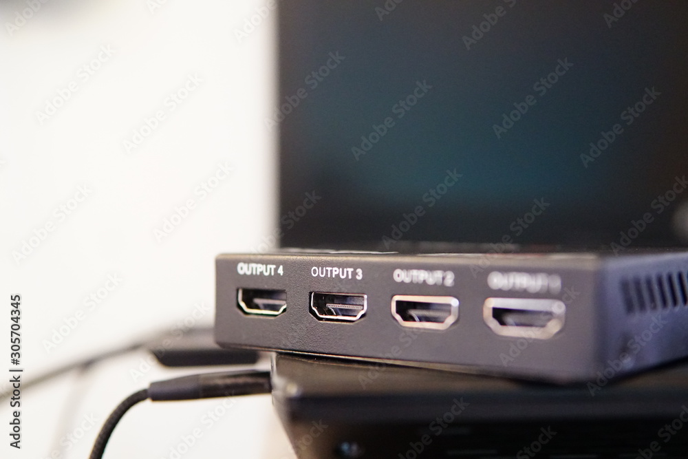 Fototapeta premium HDMI output port(selective focus),Choosing the right solution concept, HDMI splitter.