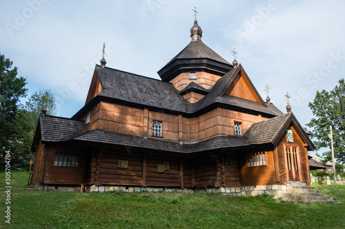 Old wooden Orthodox church in mountain village Kryvorivnia, Ukraine