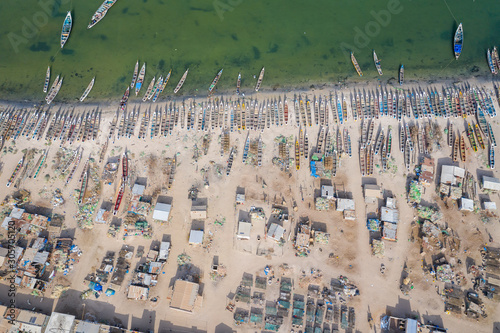 Aerial view of fishing village of Djiffer. Saloum Delta National Park, Joal Fadiout, Senegal. Africa. Photo made by drone from above. photo