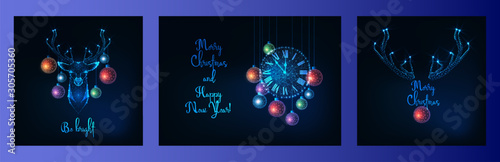 Merry Christmas greeting card with glowing low polygonal deer head, decorative balls, wall clock