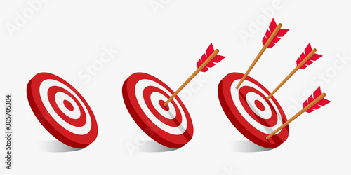 Simple flat minimalist arrow and target illustration. archery targets with a variety of shots. The arrow that pierced right in the middle of the target. A failed arrow miss hits the bullseye.