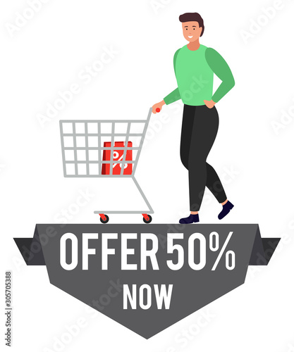 Promotional banner of special offer with half reduction of price. Man walking with trolley loaded with bags. Proposition from shops. Reduced cost on products in store. Male with cart vector in flat