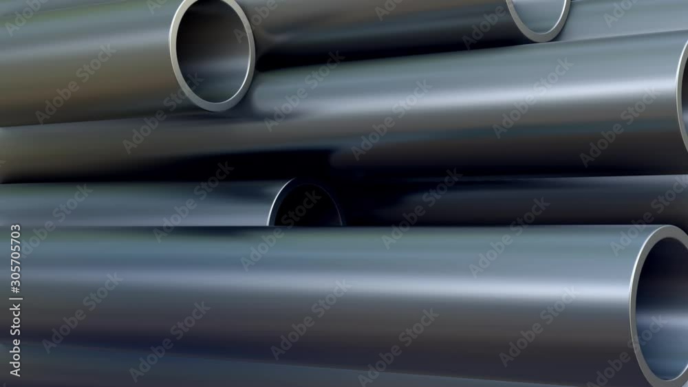 Metal Pipes with reflections. 3d animation. UltraHD 1080. Steel pipes background.
