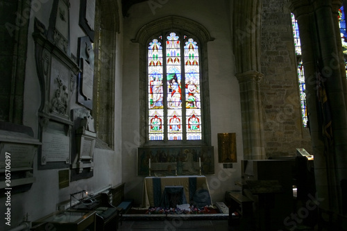 Stained glass window inside of chapel