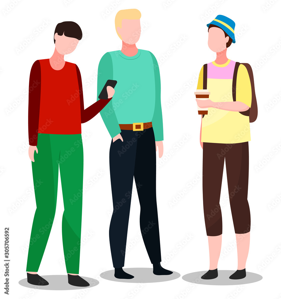 People standing together and talking. Guy in hat with backpack and coffee in hands. Man in red shirt using smartphone. Men meeting, gathering for communication. Vector illustration in flat style