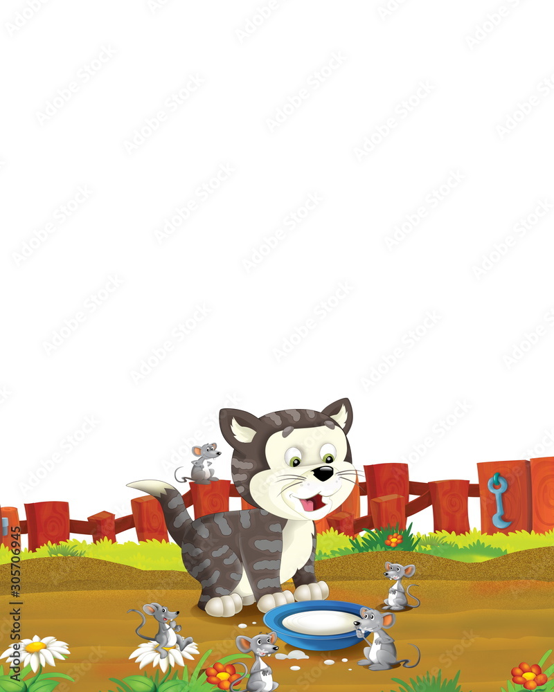 cartoon scene with cat having fun on the farm on white background - illustration for children cartoon scene with cat having fun on the farm on white background - illustration for children