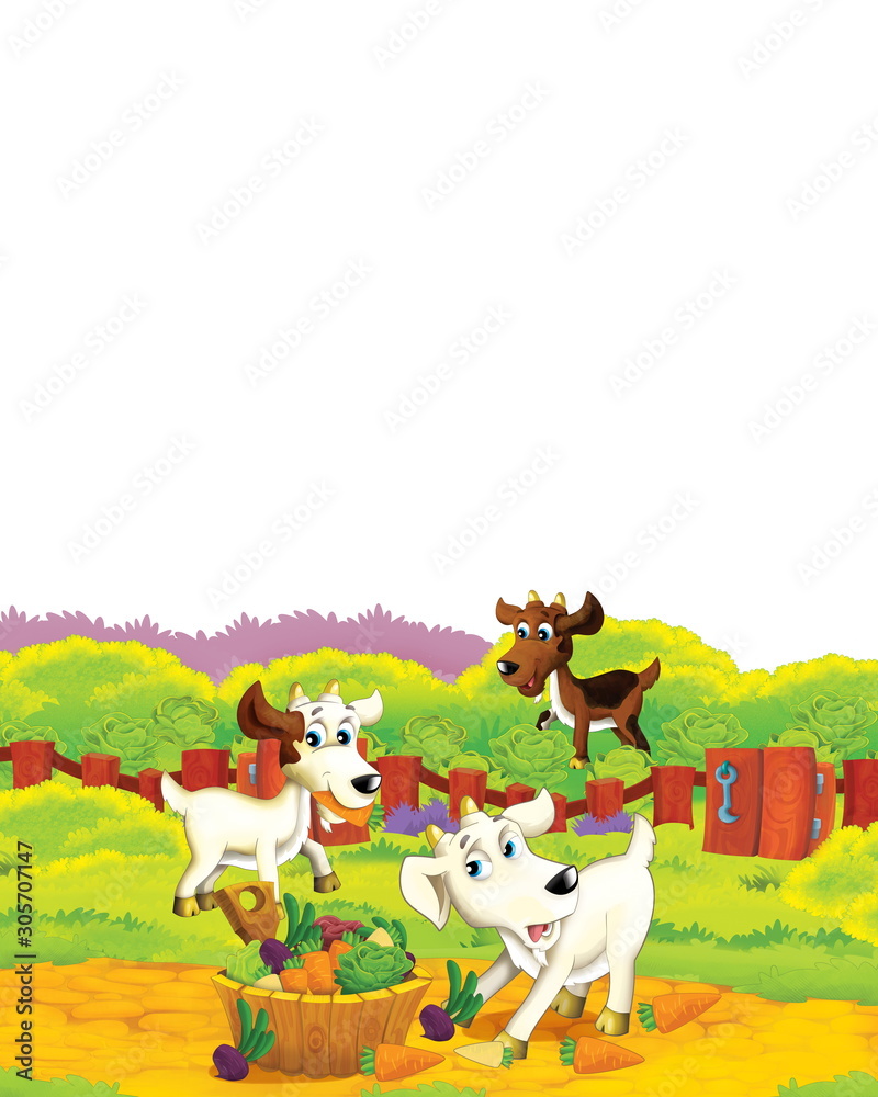 Cartoon farm scene with animal goat having fun on white background - illustration for children Cartoon farm scene with animal goat having fun on white background - illustration for children