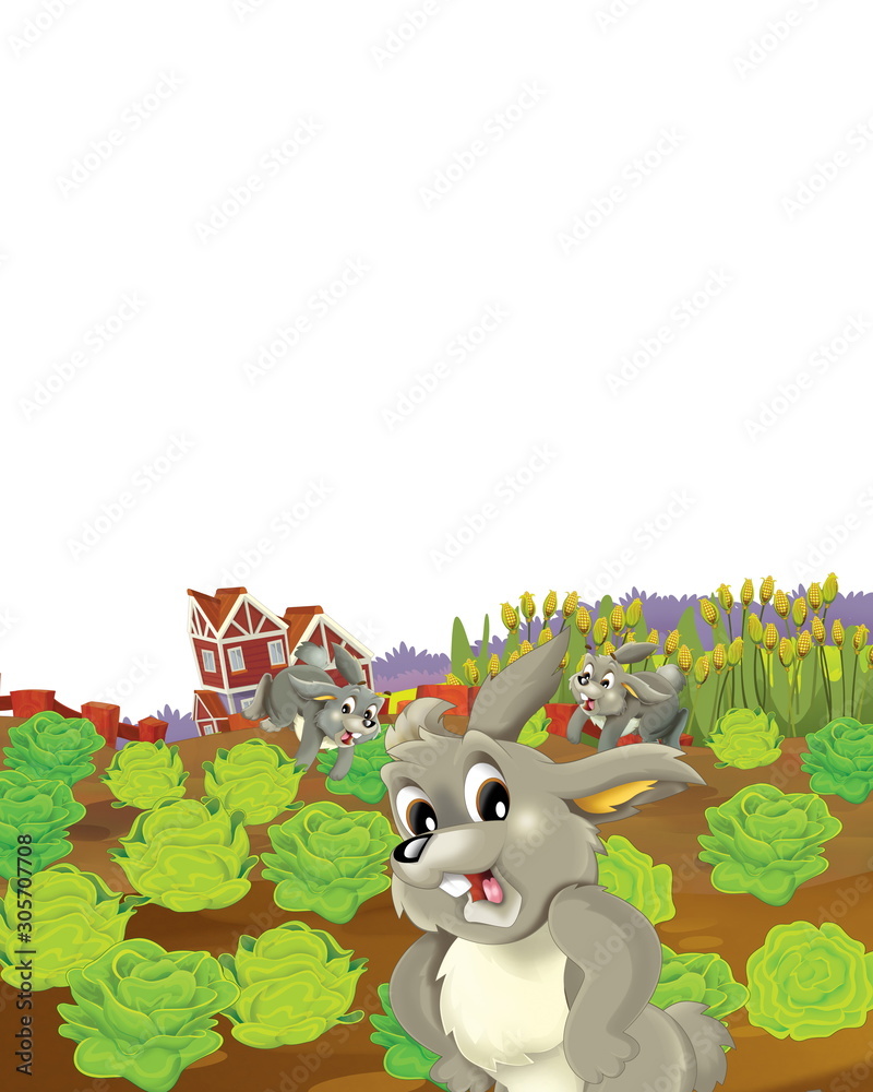 Plakat scena kreskówka z królikiem na farmie bawi się na białym tle - ilustracja dla dzieci