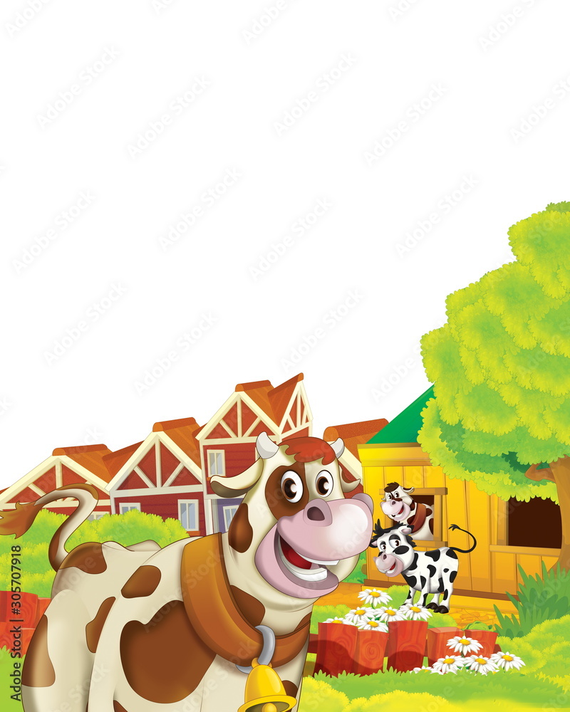 Naklejka premium cartoon scene with cow having fun on the farm on white background - illustration for children