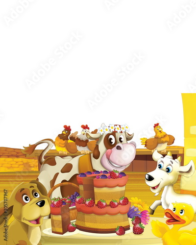 Fototapeta Naklejka Na Ścianę i Meble -  cartoon scene with cow having fun on the farm on white background - illustration for children