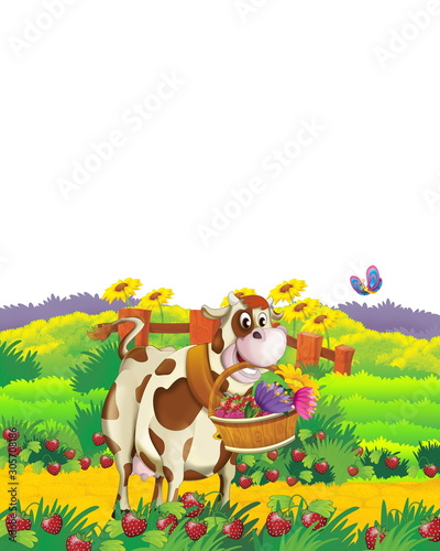 cartoon scene with cow having fun on the farm on white background - illustration for children © honeyflavour
