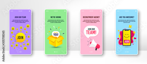 Hiring and recruitment screen set. Searching job vector badges. Online hiring interview, megaphone offer. Recruitment agency service. Mobile app page screen. Join our team bubble. Vector