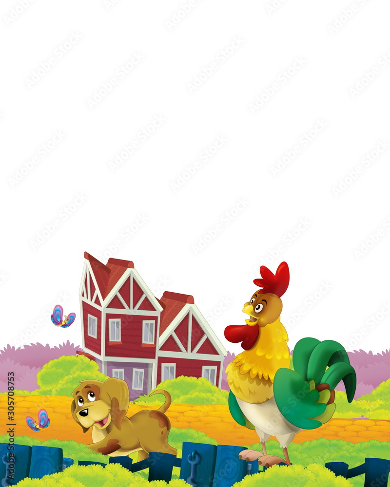 Cartoon farm scene with animal chicken bird having fun on white background with space for text - illustration for children Cartoon farm scene with animal chicken bird having fun on white background with space for text - illustration for children