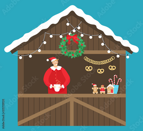 Christmas market kiosk. Isolated wooden construction decorated with garlands and wreath with seller drinking hot coffee or tea. Shop with pretzel, gingerbread cookies and candies sticks vector