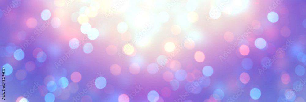 Golden glow and shining confetti on violet blue yellow iridescent banner. Empty festive background. Defocus glitter template. Abstract bokeh pattern. Blurry texture. Magical winter holiday style.