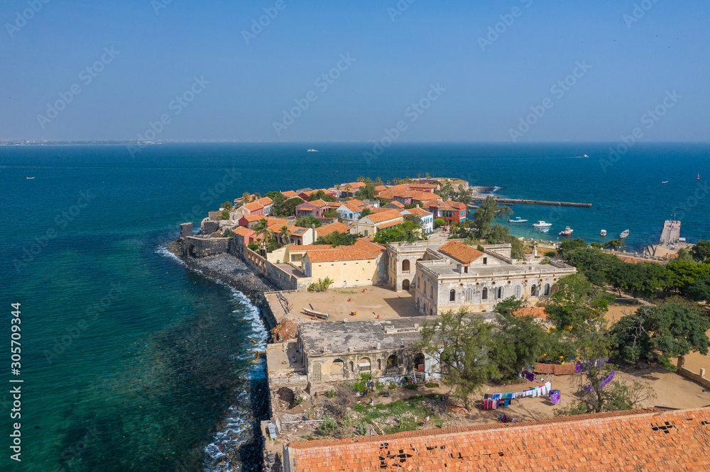 Aerial view of Goree Island. Gorée. Dakar, Senegal. Africa. Photo made by drone from above. UNESCO World Heritage Site.