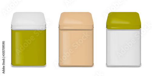 Tin box with lid set. Square color metal container isolated on white background. Vector template. Easy to recolor