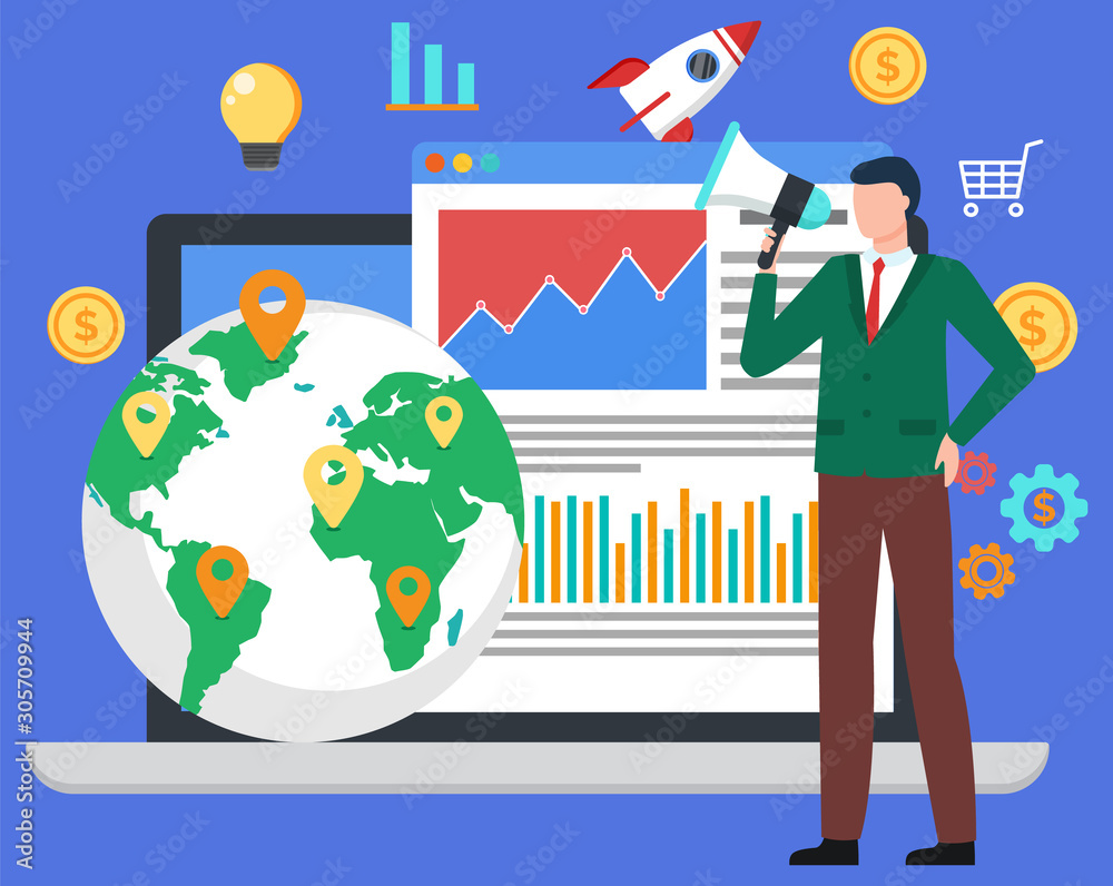Obraz premium Business worldwide vector, man shouting in megaphone flat style character. Businessman manager of company, globe with location pointers. Icons of laptop and data, rocket and cart shopping trolley