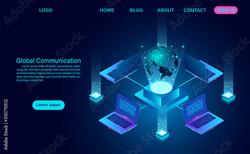Data technology banner. Global communication Internet network around and data exchange over planet.