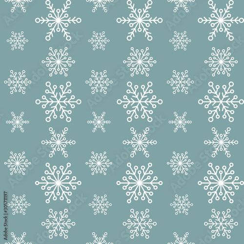 Winter seamless pattern with flat white snowflakes on aquamarine blue background